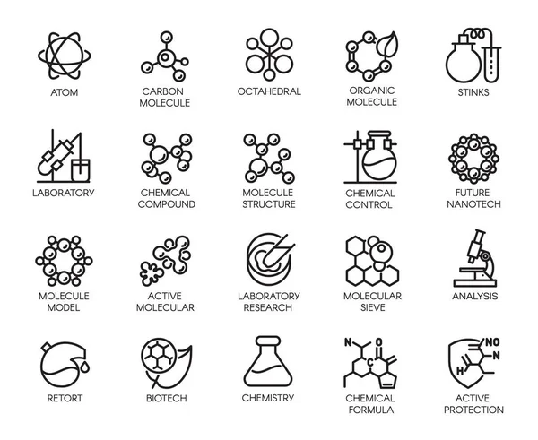 Молекулярна хімія, фізика та медицина концептуальні значки в лінійному стилі. Великий набір з 20 контурних піктограм, ізольованих — стоковий вектор