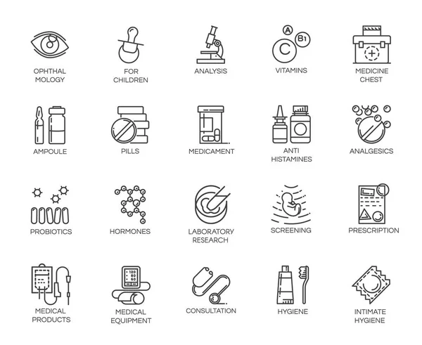 Set van 20 geneeskunde lijn iconen. Farmacie, behandeling, onderzoek concept contour etiketten. Grafische pictograph geïsoleerd — Stockvector