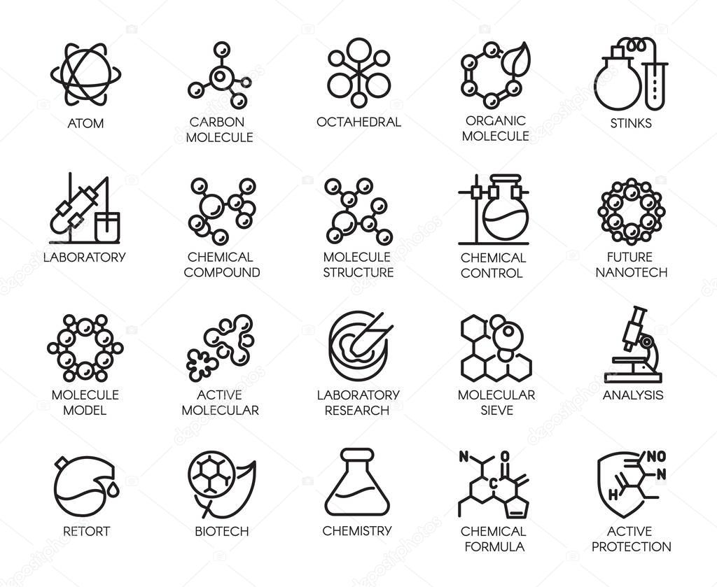 Molecular chemistry, physics and medicine concept icons in linear style. Big set of 20 outline pictograms isoalted