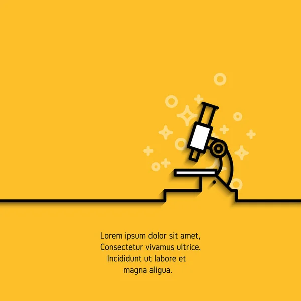 Icono del microscopio en el diseño de línea. Logo del esquema de análisis, ciencia, medicina, concepto farmacéutico. Pictograma del trazo sobre fondo amarillo con texto de muestra. Banner vectorial — Vector de stock