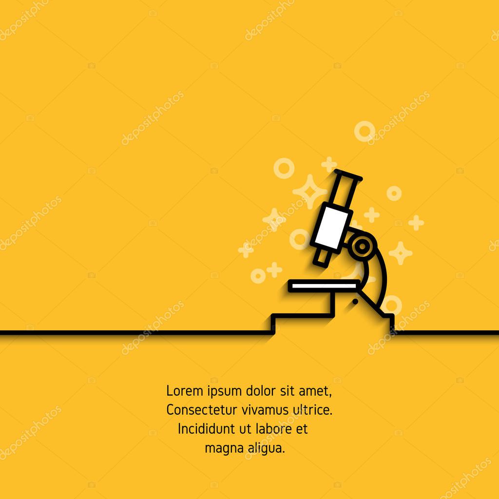 Microscope icon in line design. Analysis, science, medicine, pharmaceutical concept outline logo. Stroke pictogram on yellow background with sample text. Vector banner
