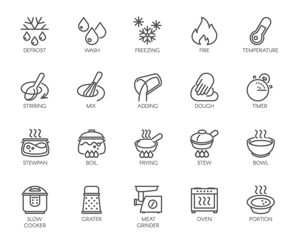 20 iconos de línea para el tema de la cocina. Gran conjunto vectorial de símbolos de contorno aislados sobre fondo blanco. Etiquetas de accesorios de cocina. Trazo Editable. 48x48 píxeles perfecto — Vector de stock