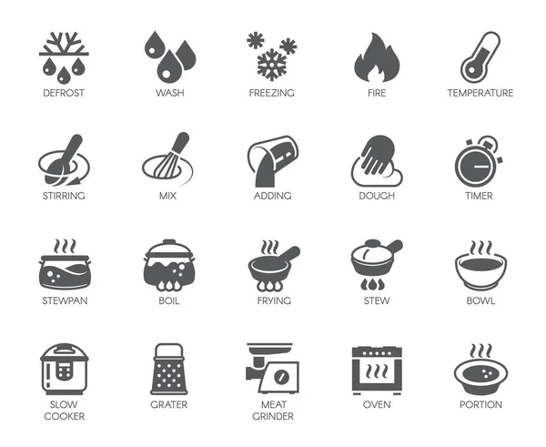 Iconos conjunto de electrodomésticos, utensilios y etiquetas en el tema culinario en estilo plano. Gran colección vectorial de 20 pictogramas gráficos de alimentos para cocinar aislados sobre fondo blanco — Vector de stock