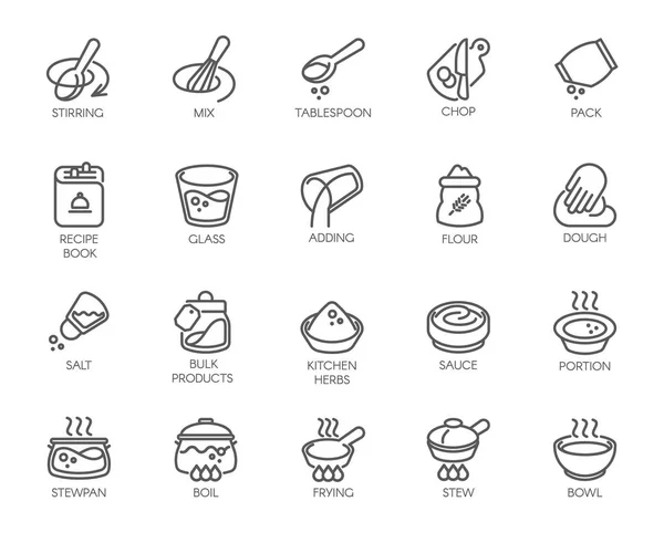 Lijn geïsoleerd pictogrammen op keuken thema. Een overzicht van labels voor koken, huishoudelijke apparaten, producten, projecten, stickers, afdrukken in boeken, knoppen op sites en apps. itable lijn. 48 x 48 Pixel Perfect Rechtenvrije Stockillustraties