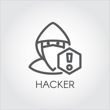 Bilgisayar hacker satırı simgesi. Maske ve ünlem işareti kontur ekibimizi erkekte soyut figürü. Suç cyber kesmek. Yasadışı faaliyet anonim sanal saldırı kavramı. Vektör çizim