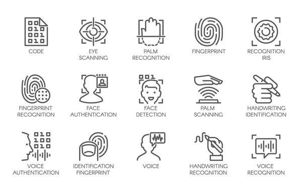 Zeilensymbole des biometrischen Identitätskennzeichens. 15 Web-Label für Authentifizierungstechnologie in Mobiltelefonen, Smartphones und anderen Geräten. Vektor-Logo oder Taste isoliert auf weißem Hintergrund — Stockvektor