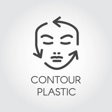 Yüz kontur düzeltme doğrusal simgesi. Plastik cerrahi veya kozmetik prosedürler piktogram. Kılavuzu oklarla insan portre