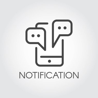 Çizgi stili simgesini bildirim. Konuşma balonu grafik anahat etiketi ile telefon. Web iletişim, ileti, e-posta, sohbet sembolü. Vektör çizim