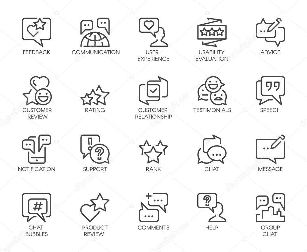 Review line icons. Big set of 20 outline pictograms isolated on white. Comments or message chat bubbles, usability evaluation, communication, rating and other symbols. Graphic signs. Vector labels