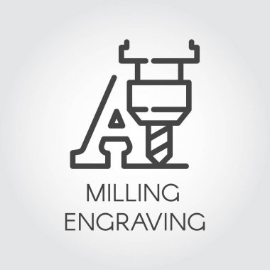 Milling engraving contour icon. Letter A and special machine for cutting initials, words and other on hard materials. Laser print concept. Graphic line pictogram. Vector illustration clipart