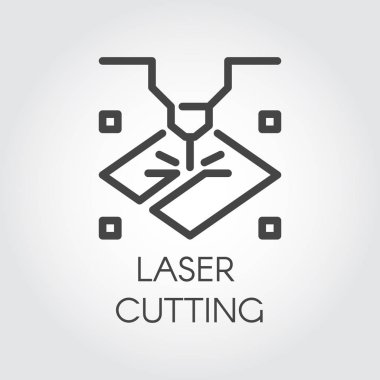 Lazer kesme makinesi satırı simgesi. Corving, gravür ve diğer benzer çalışma yüzey sert malzemeler için özel modern ekipman. Grafik web resim. Teknoloji kontur işareti. Vektör çizim