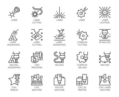 Set of 20 line icons in series of laser cutting. Computer numerical controlled printer, 3D milling machine and other thematic symbols. Stroke mono contour pictograms isolated. Vector outline labels clipart