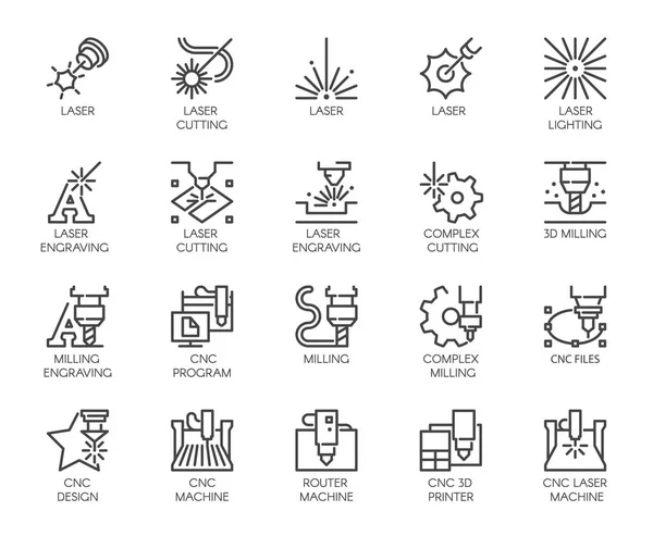 Satz von 20 Liniensymbolen in einer Reihe von Laserschneiden. computergesteuerter Drucker, 3D-Fräsmaschine und andere thematische Symbole. Strich-Mono-Konturpiktogramme isoliert. Vektor Outline Labels — Stockvektor