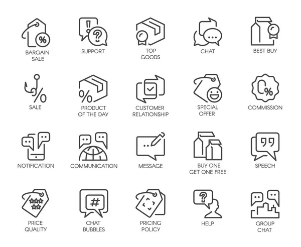 20 Zeilensymbole für Online- oder Offline-Shops, Shopping, Buchungsseiten und mobile Apps, Kommentare oder Chat-Blasen, Support und andere Symbole. grafische Kontur Logo isoliert — Stockvektor
