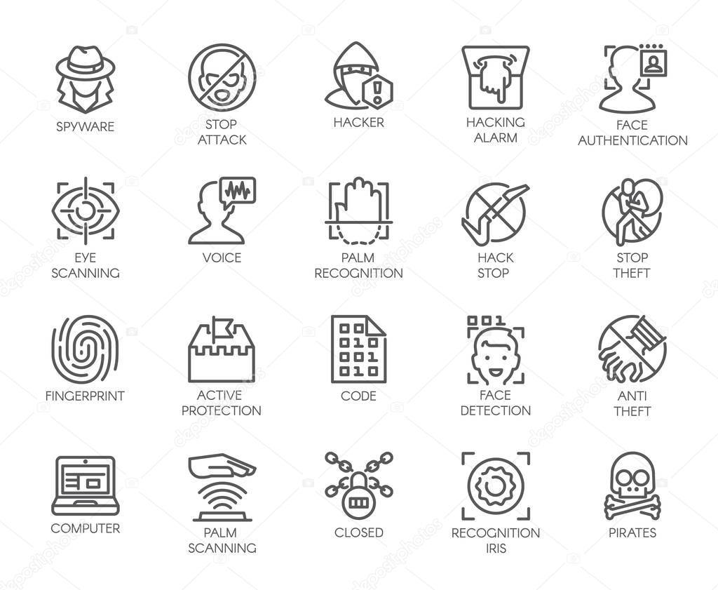 20 icons of virtual protection, cyberattacks, hacking, modern scan authentication theme. Contour symbols of web protection and recognition. Set of outline vector signs isolated on white background