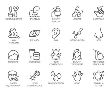 Kozmetik satır Icons set. izole 20 anahat sembolleri. Güzellik bakımı, welness, sağlık, sağlık tedavi doğrusal sembolleri. Düzeltme, gençleştirme, Anti-Aging yordamı logosu. Vektör grafiği
