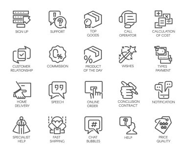 İzole iş tema üzerinde 20 satır simgeler kümesi. Pazarlama, ticaret ve yüksek müşteri hizmeti sembolleri. Grafik kontur logo veya Web siteleri ve mobil uygulamalar için düğmeyi. Vektör Etiketler