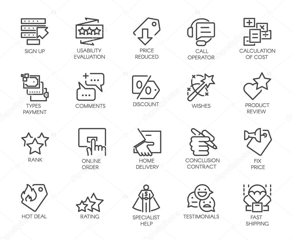 Set of 20 contour icons for online or offline stores, instant messenger, booking sites and mobile apps. Graphic line logo for offers, commerce, black friday sale and other Vector illustration isolated