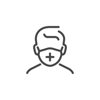 Tıbbi maskeli adam. Virüs ikonuna karşı insan koruması. Doktor ekipmanı. Enfeksiyon güvenlik hattı sembolü. Hastalığın yayılmasını önlemek için. Salgını durdurun. Vektör illüstratörü izole edildi