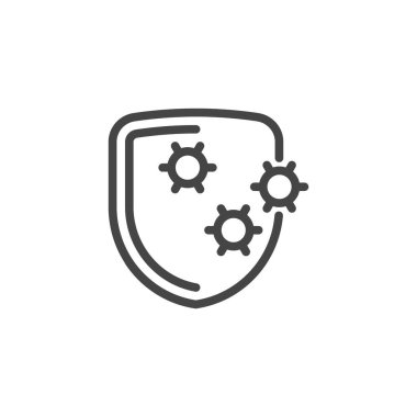 Kalkan virüs ikonu. Virüs ve bakteriyel hastalıkların yayılmasına karşı koruma. Grip ve soğuk algınlığına karşı önleyici önlemler. Bağışıklık sistemi, mikroplara karşı direnç. Vektör çizimi izole edildi