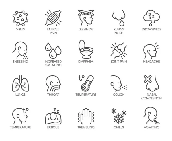 Icônes Symptômes Maladie respiratoire Pneumonie, grippe, fièvre Illustrations De Stock Libres De Droits