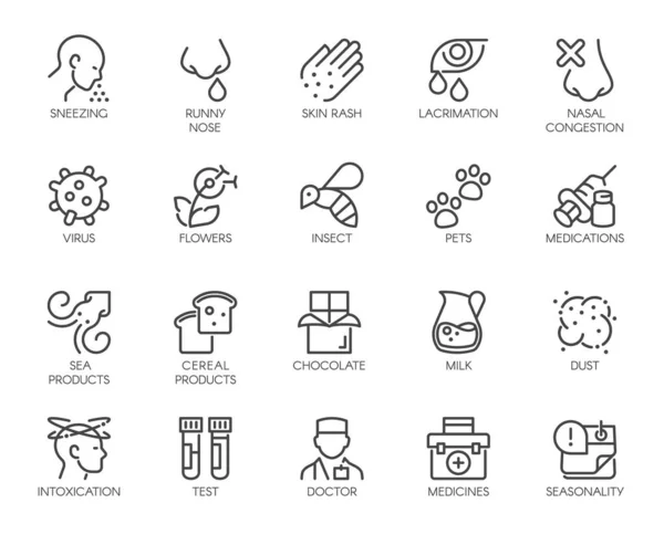 Icônes Symptômes Allergie, réaction allergique, allergènes. Signes de ligne Lacrimation Pollen Malade. Icônes vectorielles Set Outline . Illustration De Stock
