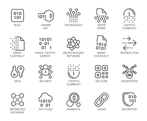 Premium Icônes Pack sur le système Blockchain, Crypto Technology. Signes de ligne tels que la base de données cryptographique décentralisée. Icônes vectorielles personnalisées pour le Web et l'application dans le style contour. AVC modifiable . Vecteur En Vente