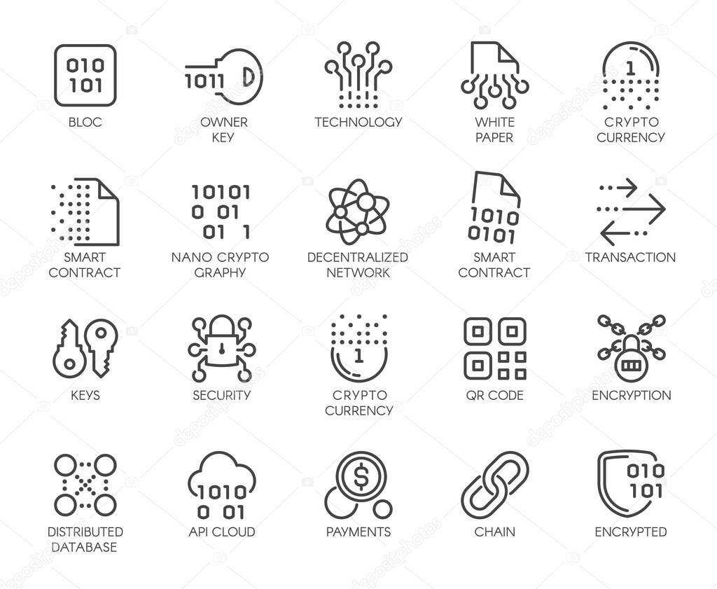 Premium Icons Pack on Blockchain System, Crypto Technology . Such Line Signs as Cryptographic Decentralised Database . Custom Vector Icons Set for Web and App in Outline Style. Editable Stroke.