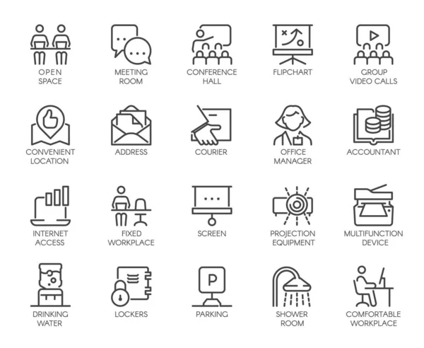 Premium Icons Pack aus Coworking Center und Workspace, Business Space und Büroausstattung. Solche Linienschilder wie Arbeitsplatz, Buchhalter, Manager. Benutzerdefinierte Vektorsymbole, die im Umrissstil editierbar sind — Stockvektor