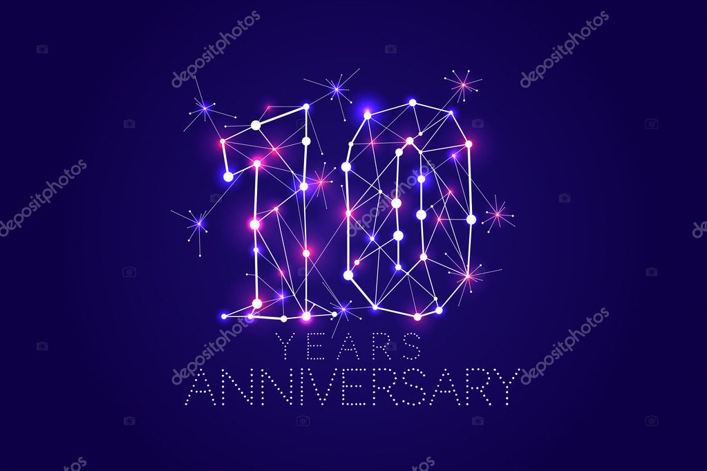 10 years Anniversary design. Abstract form with connected lines and light dots. Vector Illustration