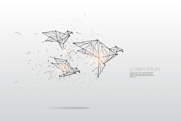 Partikel, seni geometris, garis dan titik burung terbang - Stok Vektor