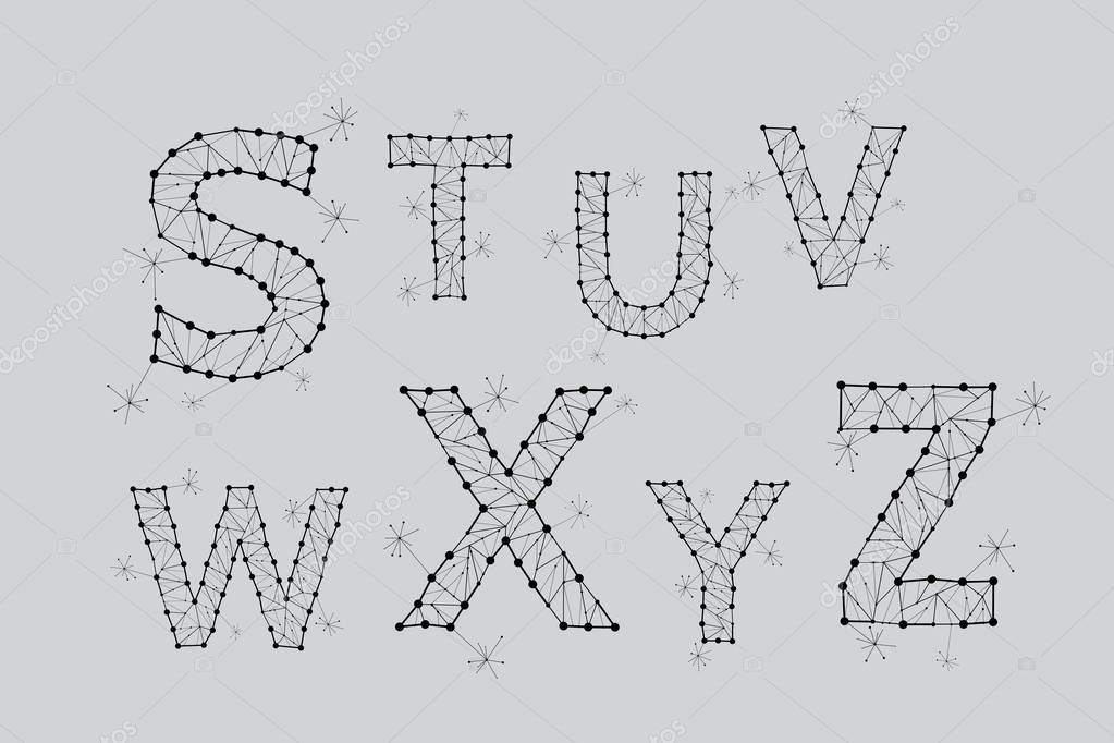 Particles font S-Z. typography design. Abstract form with connected lines and dots. Vector Illustration. - line stroke weight editable