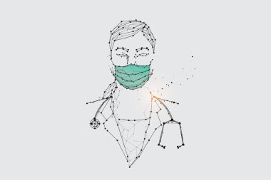 Parçacıklar, geometrik sanat, insan çizgisi ve noktası. Virüs koruması için maske. Soyut vektör çizimi. Tıbbın grafik tasarım konsepti. Çizgi ağırlığı düzenlenebilir