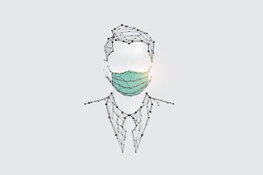 Parçacıklar, geometrik sanat, insan çizgisi ve noktası. Virüs koruması için maske. Soyut vektör çizimi. Tıbbın grafik tasarım konsepti. Çizgi ağırlığı düzenlenebilir