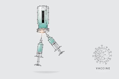 Parçacıklar, geometrik sanat, aşı çizgisi ve noktası. soyut vektör çizimi. Tıbbın grafik tasarım konsepti. Çizgi ağırlığı düzenlenebilir