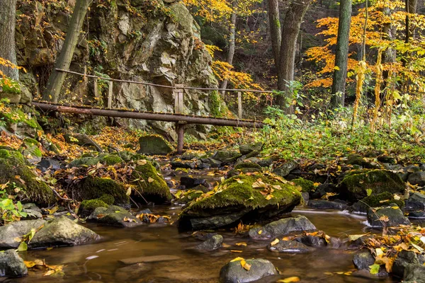 Ahşap yaya köprüsü üzerinde kayalık bir dere