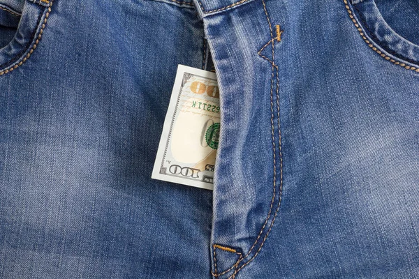 Billet de cent dollars à l'intérieur codpiece bleu jeans — Photo