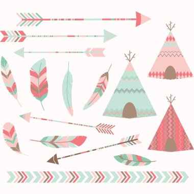 Pembe kabile Tee pee çadır ayarlayın. Arrow,Border,Feather.Vector illüstrasyon