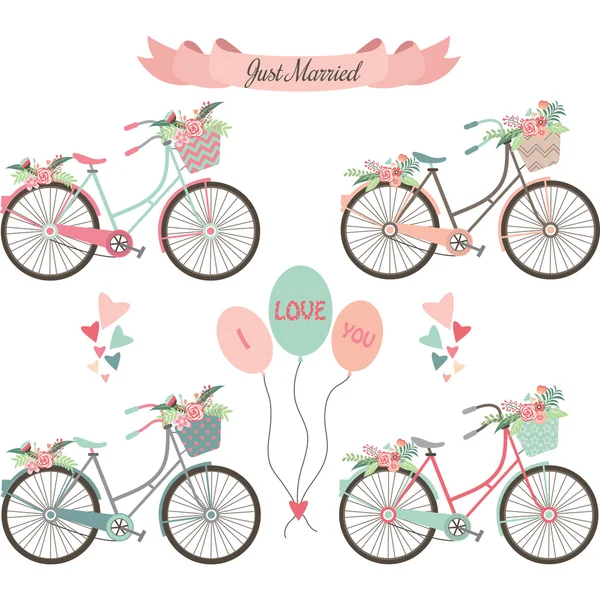 Boda Bicicletas, Flores, Banner, Elementos — Vector de stock