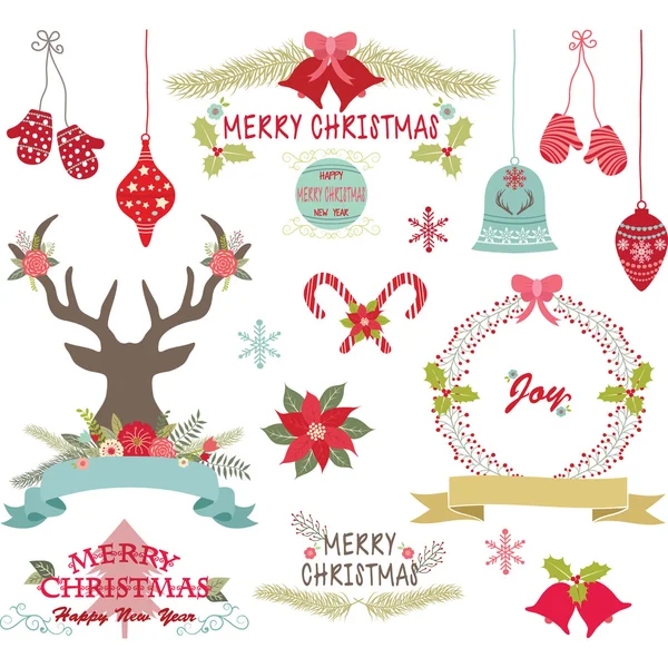 Merry Christmas,Christmas Flowers,Deer,Rustic Christmas,Wreath,Christmas decoration set — Stock Vector