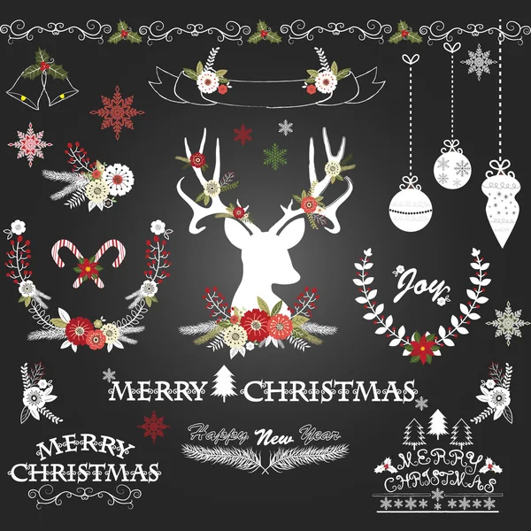 Chalkboard Christmas Flowers,Deer,Rustic Christmas,Wreath,Christmas ornaments. — Stock Vector