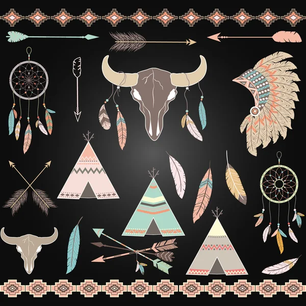 Kara tahta kabile dekoratif öğeler ayarlayın. Tüyler, Hint rüya yakalayıcı, ok, Aztek kabile, tüy Headdress, Teepee çadır, kafatası. — Stok Vektör
