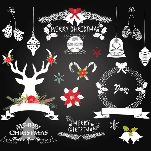 Chalkboard Christmas Flowers,Deer,Rustic Christmas,Wreath,Christmas ornaments.Merry Christmas Decoration collections. — Stock Vector
