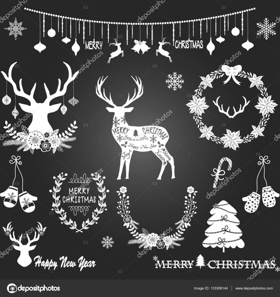 Tableau Noir Noël Merry Christmas Fleurs De Noël Cerf Guirlande