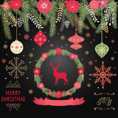 Rustik Noel, mutlu Noeller, çelenk, afiş, top, kar taneleri, Noel süsleri, yılbaşı tebrik davetiye kartı