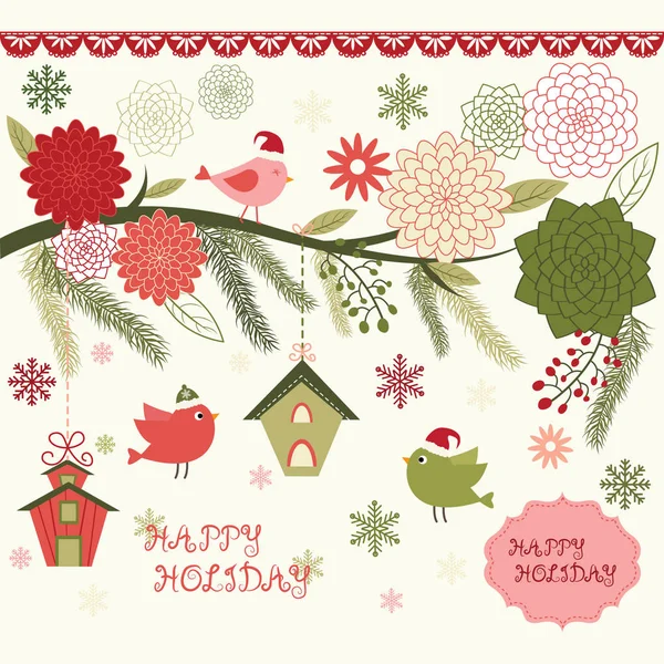 Christmas Bird Floral,Bird House,Floral Frames,Bird,Christmas invitation — Stock Vector