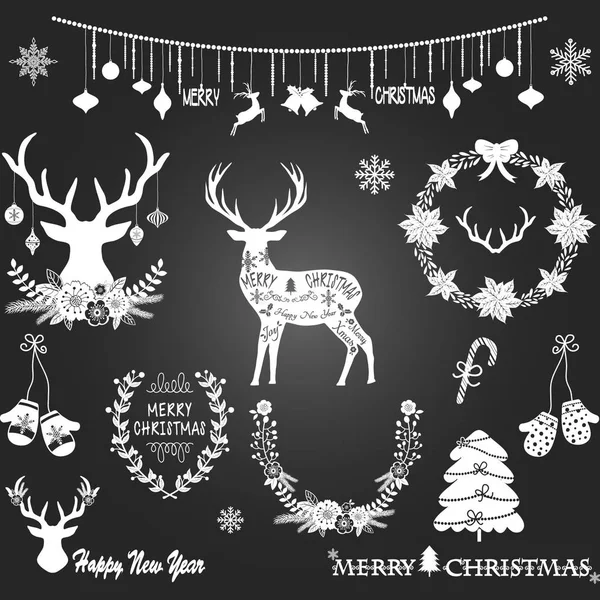 Merry Christmas, rådjur, julblommor, Chalkboard jul, krans, juldekoration inställd. — Stock vektor