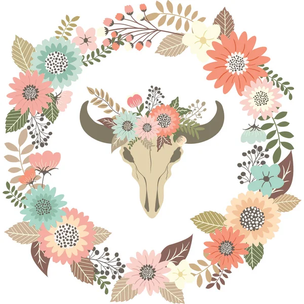 Crâne de taureau Floral avec couronne Laurel.Tribal Animal Skull.Wedding Invitation — Image vectorielle