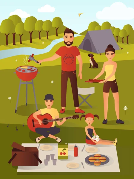 Ilustración de vectores de picnic familiar en estilo plano — Archivo Imágenes Vectoriales