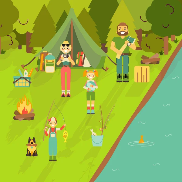 Happy family go camping and fishing. Vector illustration in flat style design. Cartoon people characters and tourist objects. Tent, fire, fishing rod, food, axe. Parents and kids on holiday — Stock Vector